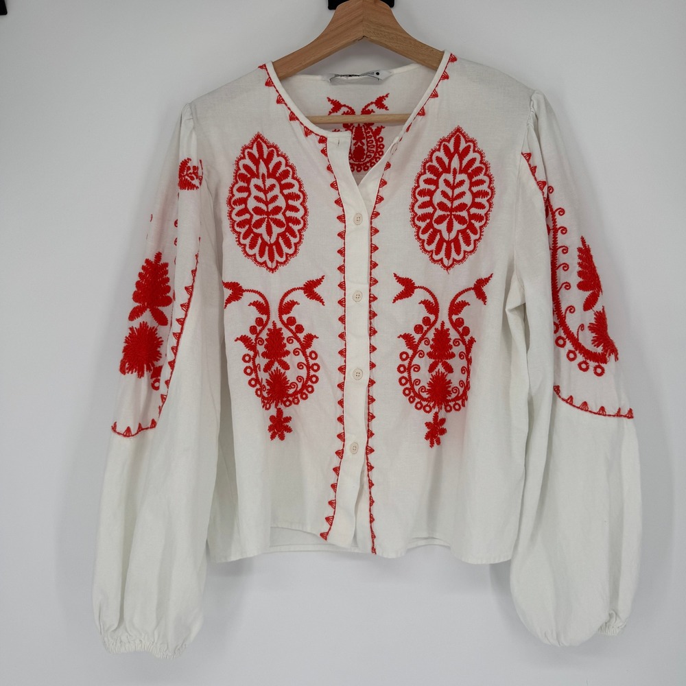 Zara Embroidered Boho Linen Blnd Blouse L White Puff Sleeve Peasant Folk Cottage